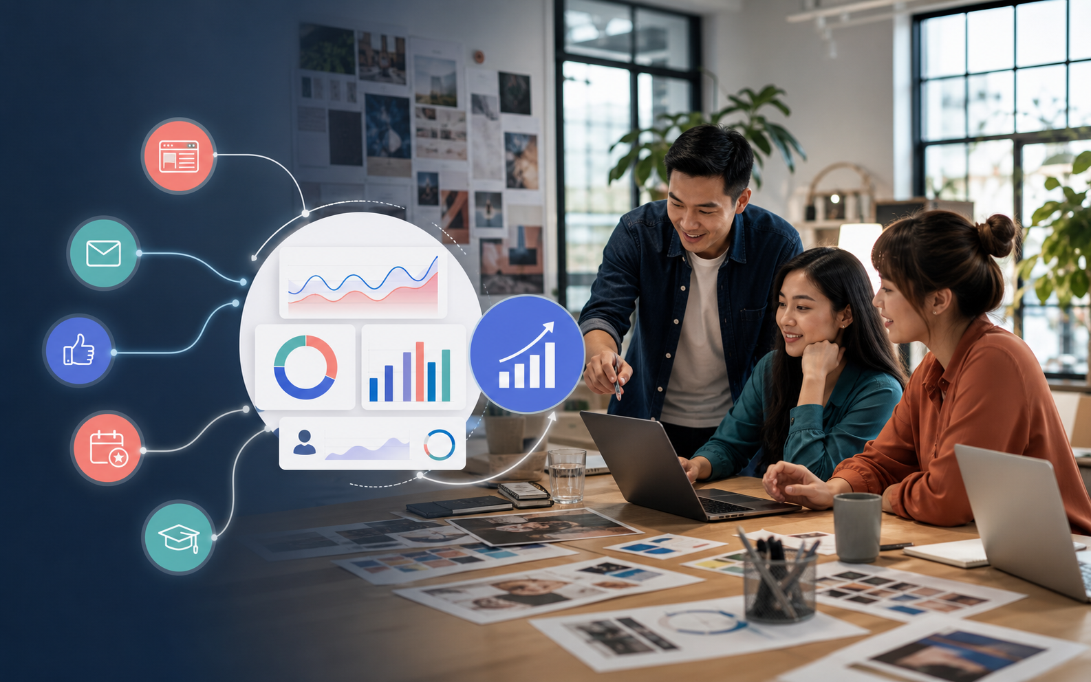 Creative SME team reviewing connected marketing campaigns and growth insights