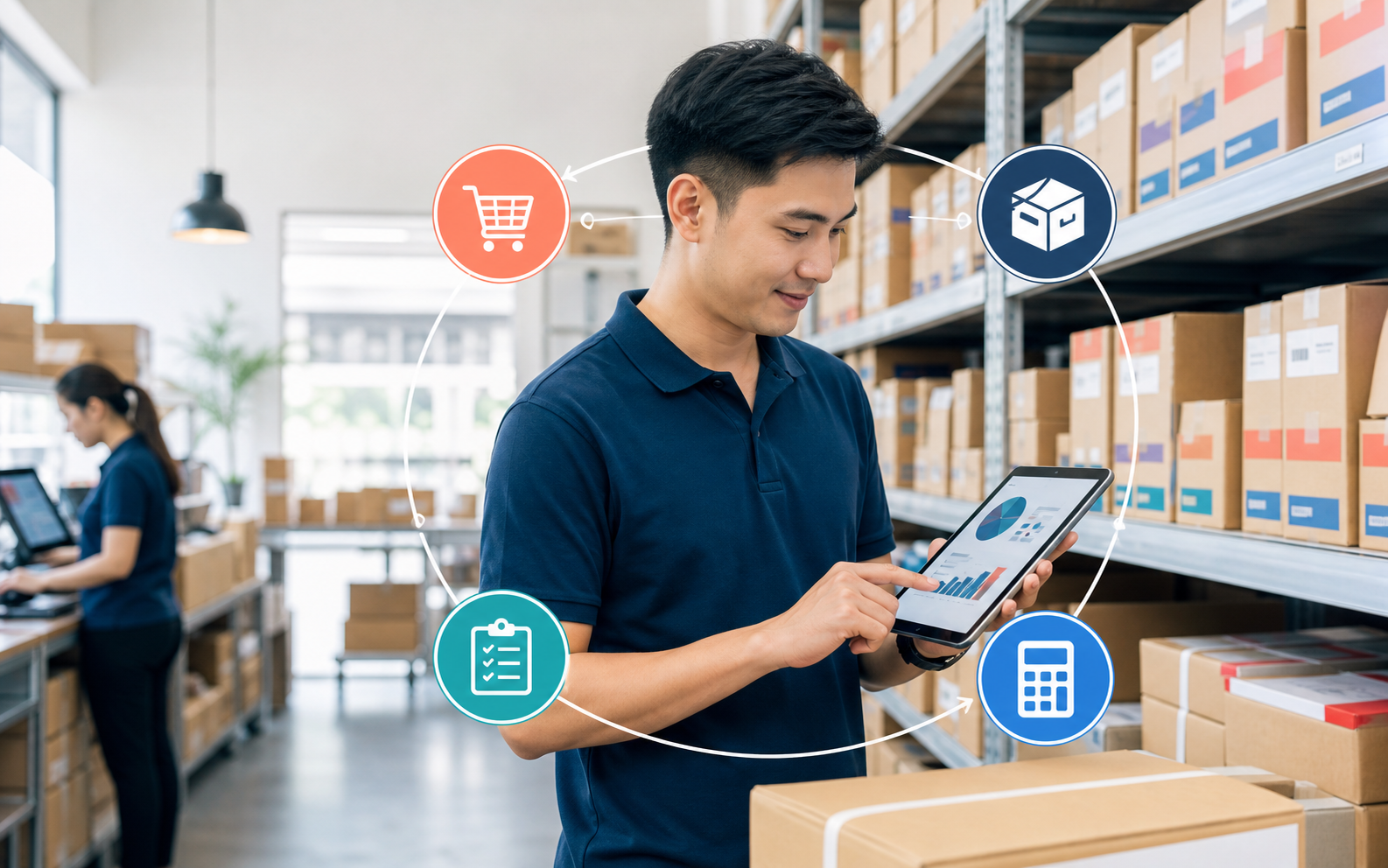 Warehouse team member using a tablet to manage connected stock and purchasing operations