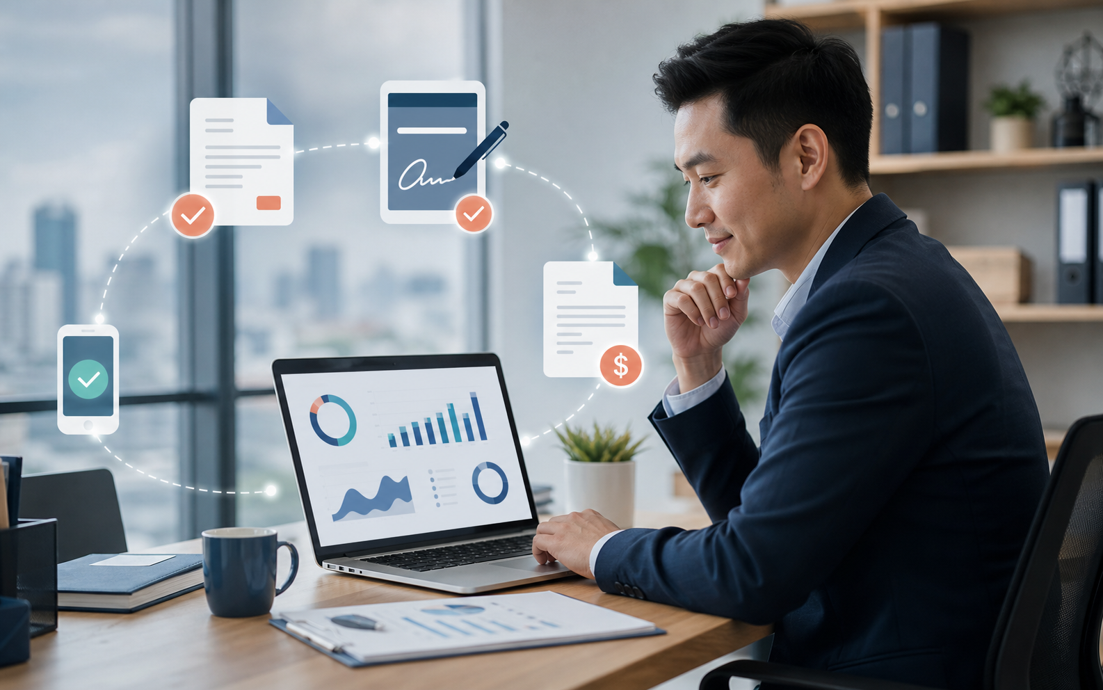 Business professional reviewing a connected sales-to-payment workflow