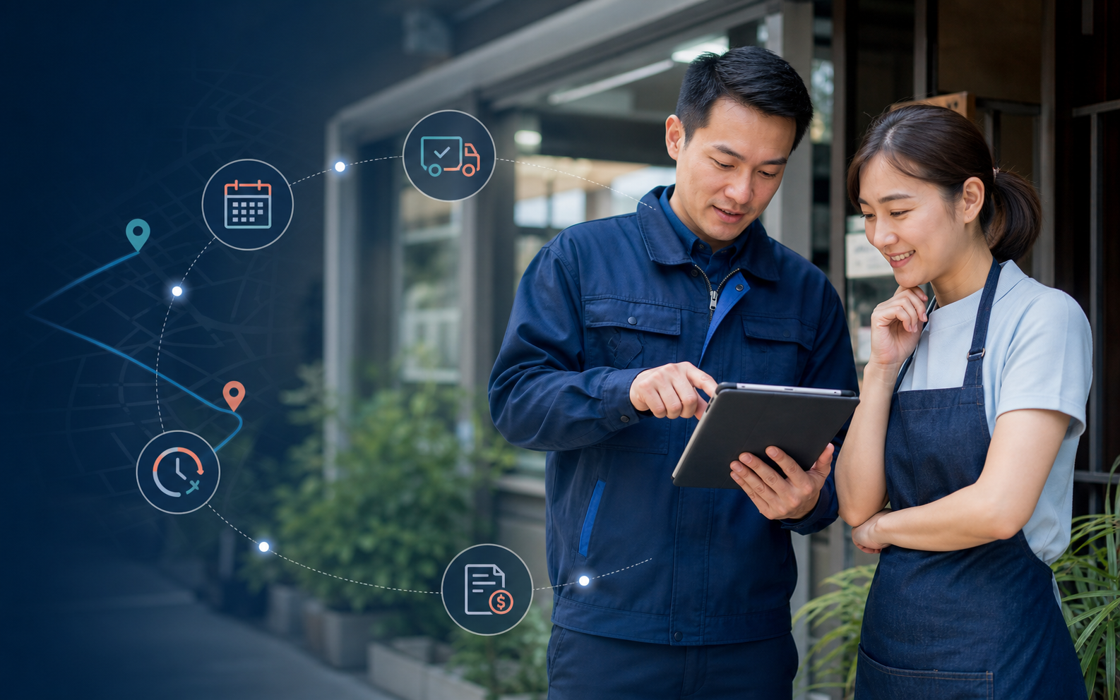 Field service professional reviewing a scheduled customer visit on a tablet
